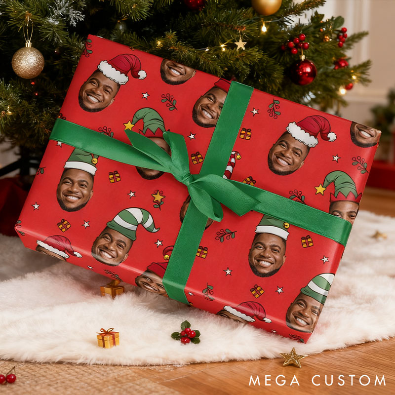 Personalized Face Christmas Wrapping Paper Custom Photo Face Xmas Hats Wrapping Paper Funny Festive Gift Wrap for Husband Boyfriend