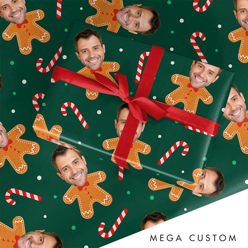 Personalized Husband Boyfriend Photo Face Wrapping Paper Girlfriend Wife Gingerbread Face Christmas Wrapping Paper Holiday Gift Wrap for Him Her