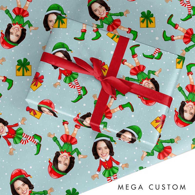 Personalized Funny Girlfriend Wife Photo Face Wrapping Paper Husband Boyfriend Elf Face Christmas Wrapping Paper Holiday Gift Wrap for Him Her