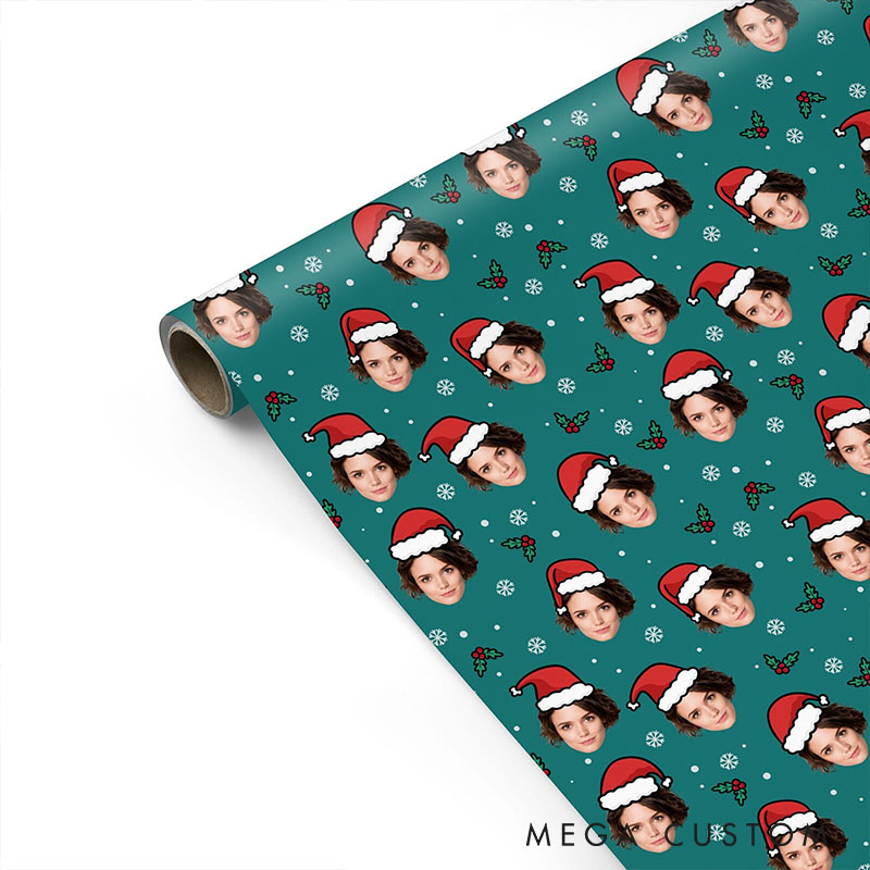 Personalized Funny Girlfriend Wife Photo Face Wrapping Paper Husband Boyfriend Santa Hat Face Christmas Wrapping Paper Holiday Gift Wrap for Him Her
