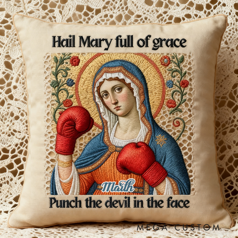 Personalized Hail Mary Full of Grace Punch the Devil in the Face Catholic Meme Pillow with Custom Name Humorou Religious Gift Graphic 3D Print Pillow