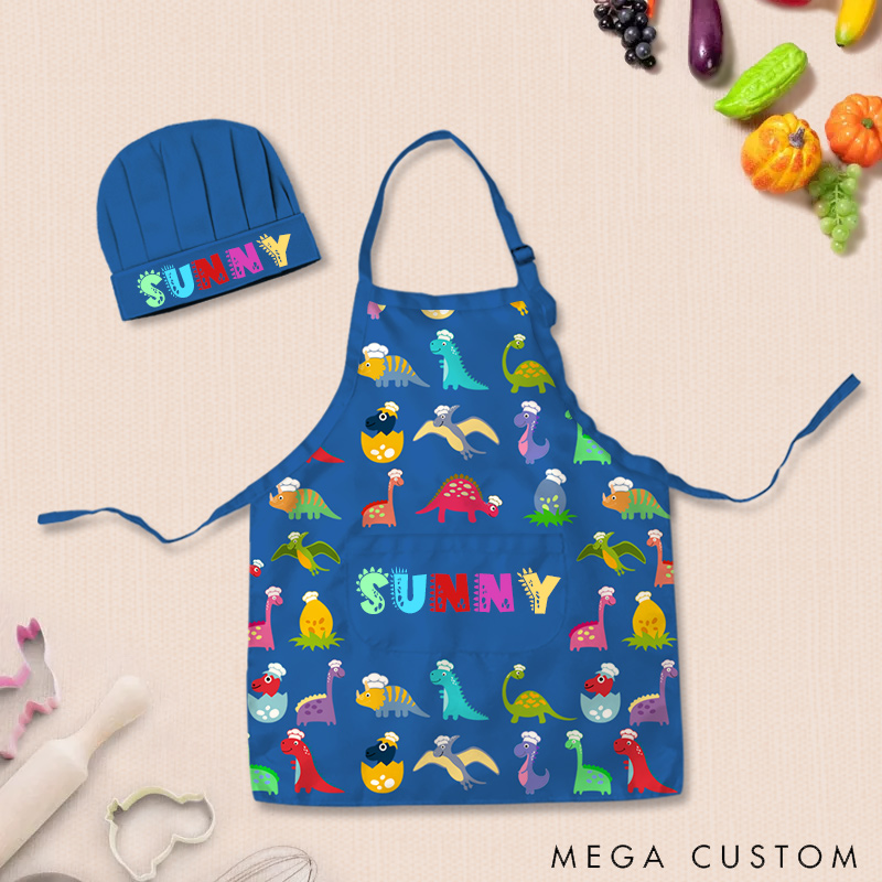 Personalized Fun Cartoon Dinosaur Adjustable Kid Apron Chef Hat Set with Pocket and Name for Cooking Baking Birthday Holiday Gift for Kids