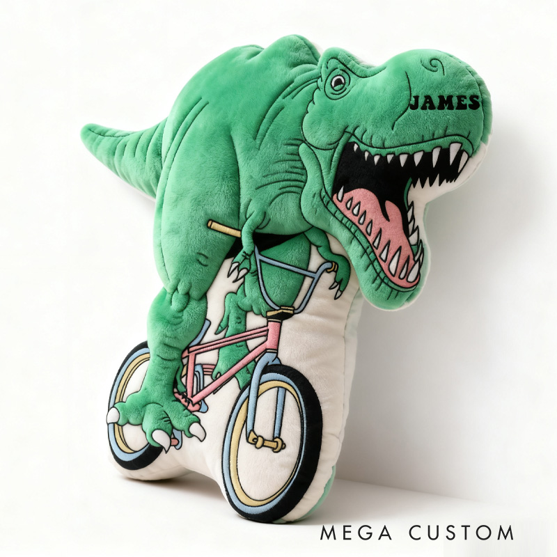 Personalized Dino Rider Bike Pillow Cozy Graphic 3D Print Dino Pillow Name Pillow Comfortable Travel Cushion for Kids Boys Riding Lovers