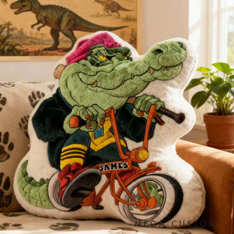 Personalized Crocodile Gang Rider Bike Pillow Cozy Graphic 3D Print Cool Biker Dino Racing Pillow Name Pillow Comfortable Travel Cushion for Kids Boys Riding Lovers