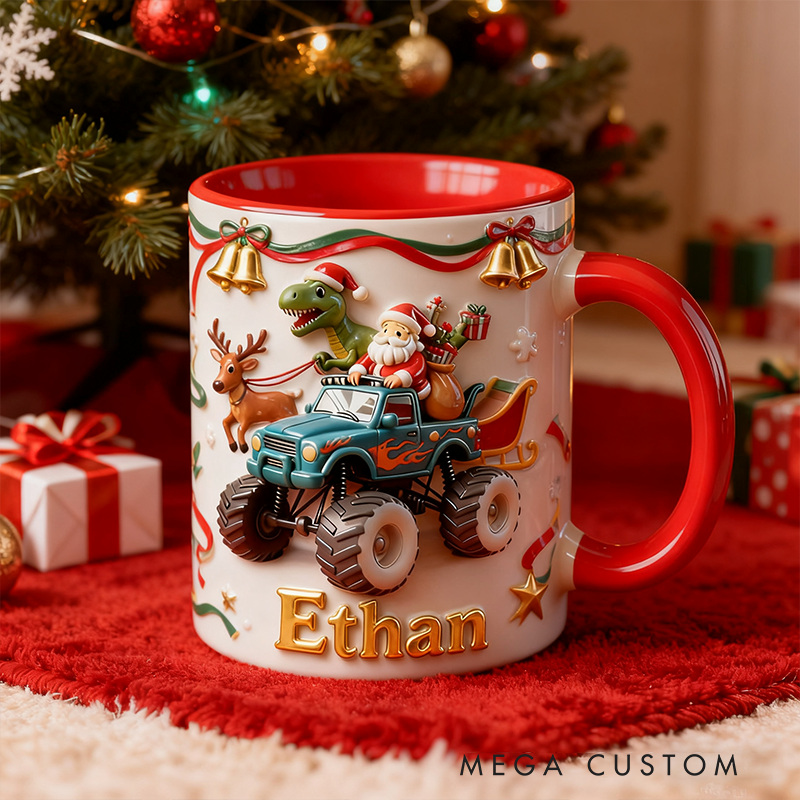 Personalized Christmas Santa Monster Truck 3D Effect Mug with Dinosaur Custom Name Holiday Coffee Cup Gift 