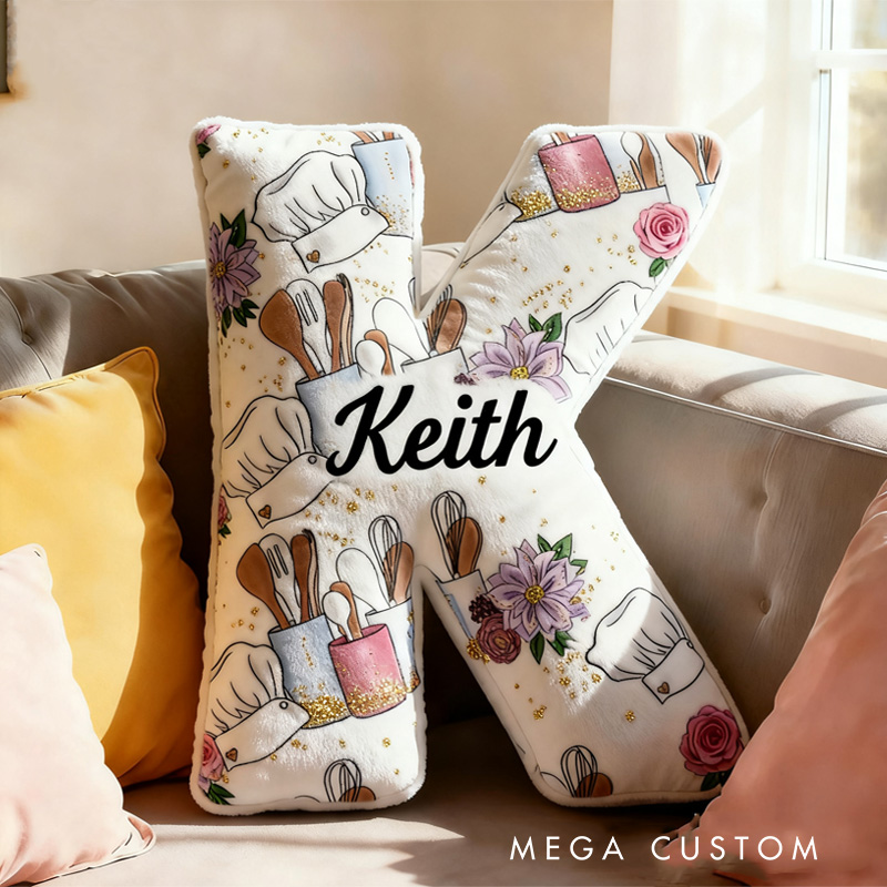 Personalized Baking Tool Alphabet Throw Pillow Chef Hat Letter Pillow with Name for Kids Girl Boy Baking Lover Christmas Gifts Loving Room Decor