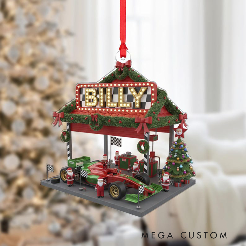Personalized Racing Garage Christmas Ornament Custom Name Race Car Pit Stop Decoration Racing Fans Holiday Gifts