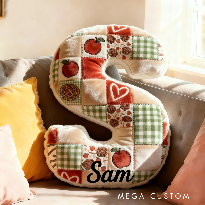 Personalized Apple Pie Patchwork Alphabet Throw Pillow Baking Lover Letter Pillow with Name for Kids Girl Boy Baker Christmas Gifts Loving Room Decor