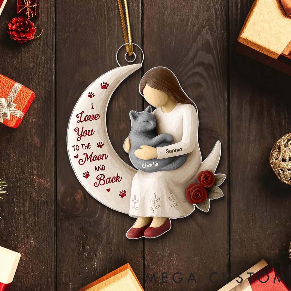 Personalized Cat Lover Roses Wooden Texture Cat Mom On Moon Ornament
