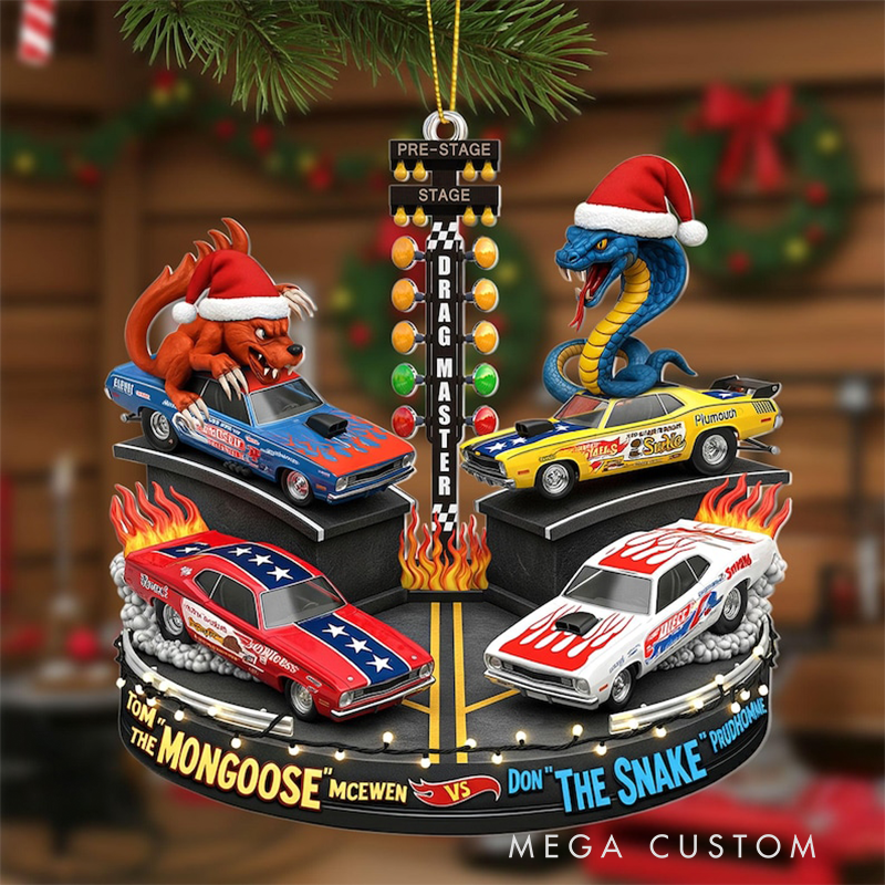 Personalized Drag Racing Christmas Ornament Custom Text Festive Race Car Rivalry Tree Decoration Gift for Racing Fans