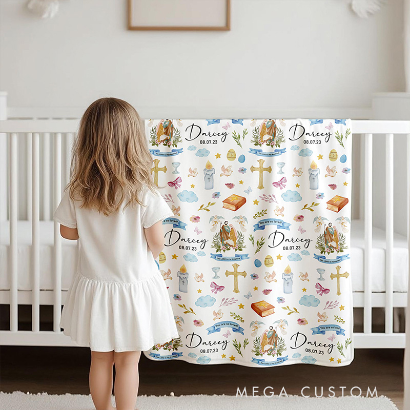 Personalized Holy Saints Soft Throw Blanket with Name and Date Birthday Baby Shower Gift Religious Gift for Kids