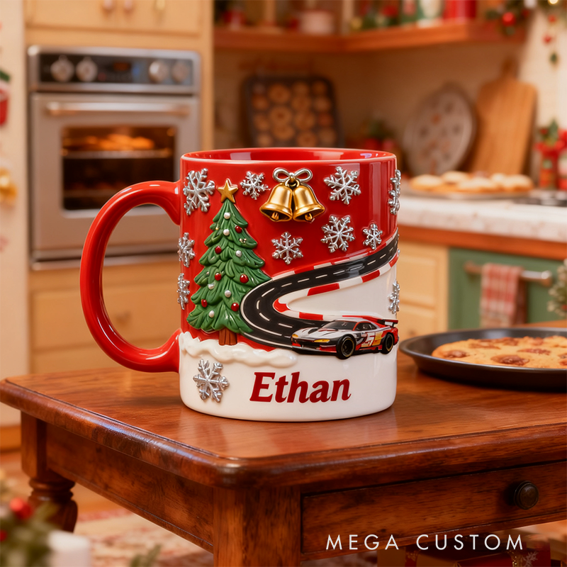 Personalized Christmas Race Car Mug Custom Name Holiday Ceramic Cup Gift for Car Lovers and Racing Fans