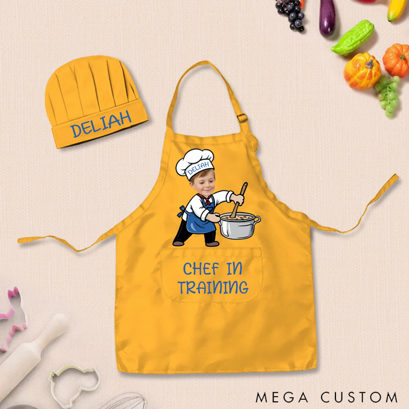 Personalized Fun Cooking Positions Adjustable Kid Apron Chef Hat Set with Pocket and Name for Cooking Baking Birthday Holiday Gift for Kids
