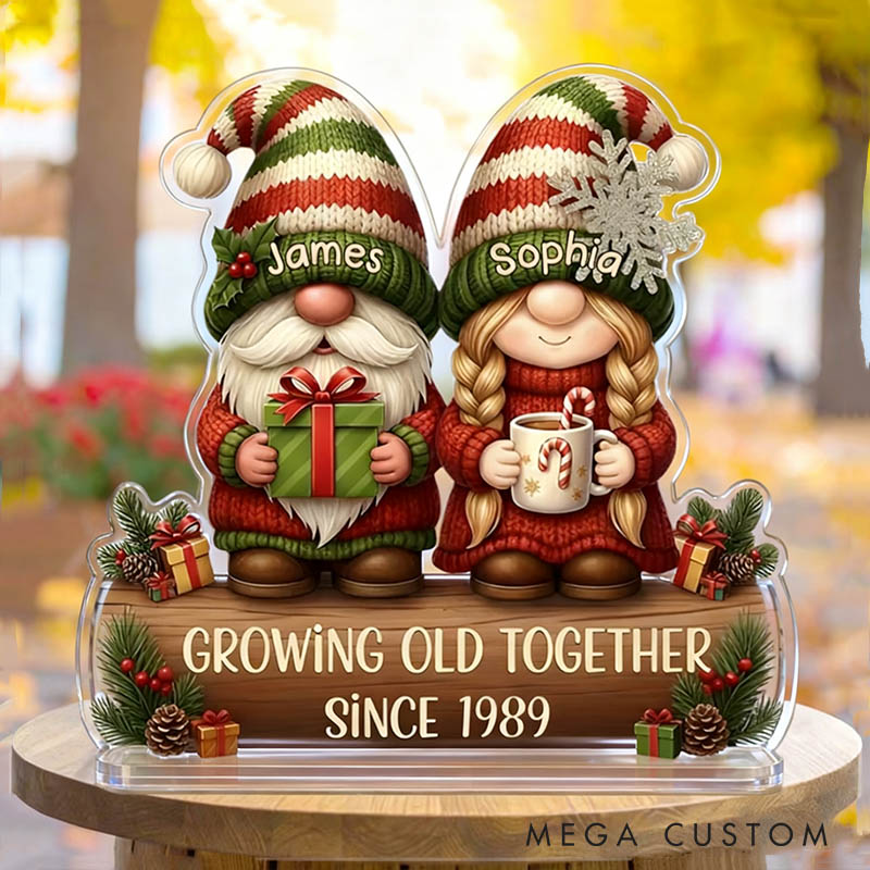 Personalized Couple Gnome Growing Old Together Faux Wood Acrylic Plaque Custom Newlyweds Mr and Mrs Plaque Anniversary Christmas Gift for Him Her