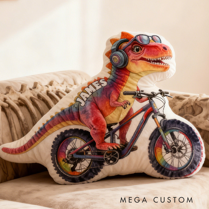 Personalized Dino Rider Bike Pillow Cozy Graphic 3D Print Cool Skull Racing Biker Dino Pillow Name Pillow Comfortable Travel Cushion for Kids Boys Riding Lovers