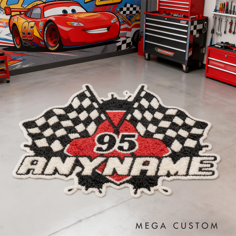 Personalized Racing Style Shaped Rug Custom Name and Number Car Lovers Room Race Flag Floor Mat