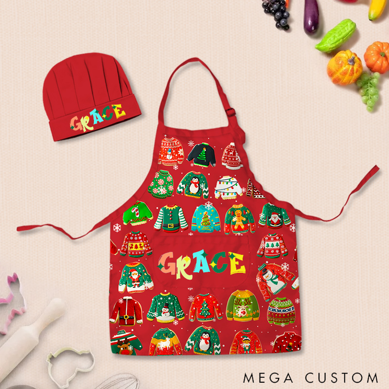 Personalized Ugly Sweater Baking Cookies Adjustable Kid Apron Chef Hat Set with Pocket and Name for Christmas Baking Birthday Holiday Gift for Kids