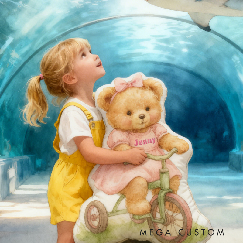 Personalized Bear Bike Pillow Cozy Graphic 3D Print Bow Pillow Name Pillow Comfortable Travel Cushion for Kids Riding Lovers