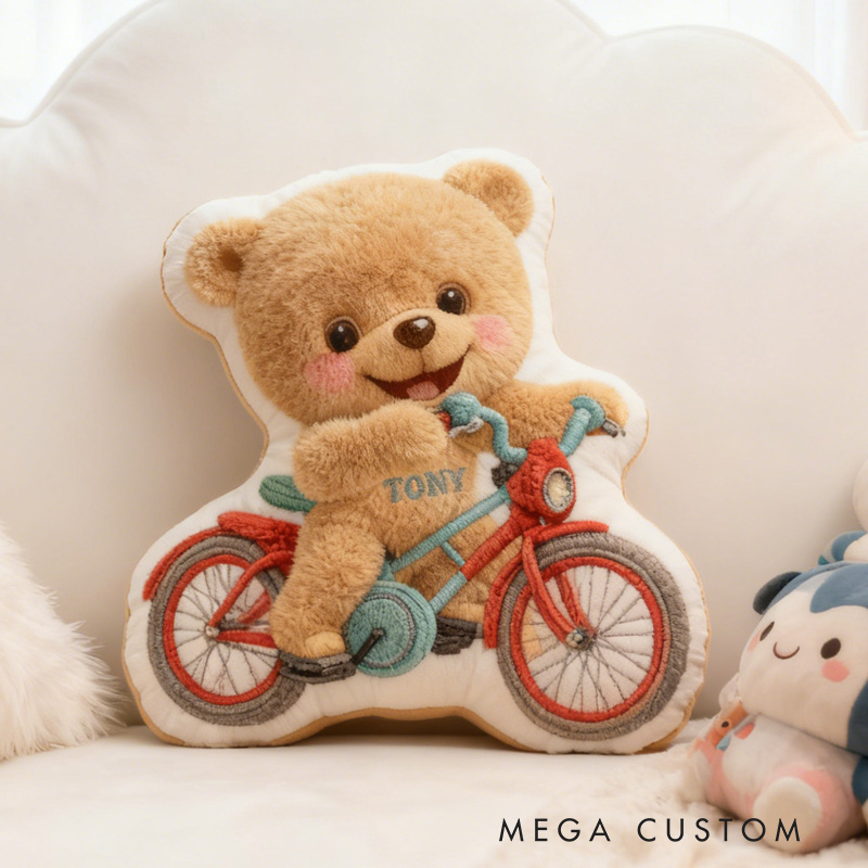 Personalized Bear Bike Pillow Cozy Graphic 3D Print Bow Pillow Name Pillow Comfortable Travel Cushion for Kids Riding Lovers