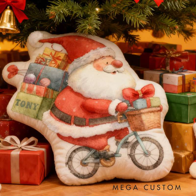Personalized Xmas Gifts Bike Pillow Cozy Santa Chirstmas Graphic 3D Print Bow Pillow Name Pillow Comfortable Travel Cushion for Kids Riding Lovers