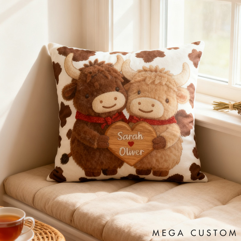 Personalized Couple Highland Cow Design Custom Names Newlyweds Couple Home Pillow Romantic Anniversaries Gift for Husband Wife Home
