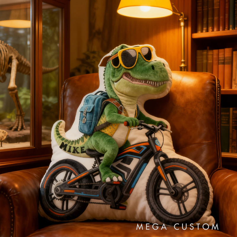 Personalized Dino Rider Bike Pillow Cozy Graphic 3D Print Cool Racing Biker Dino Pillow Name Pillow Comfortable Travel Cushion for Kids Boys Riding Lovers