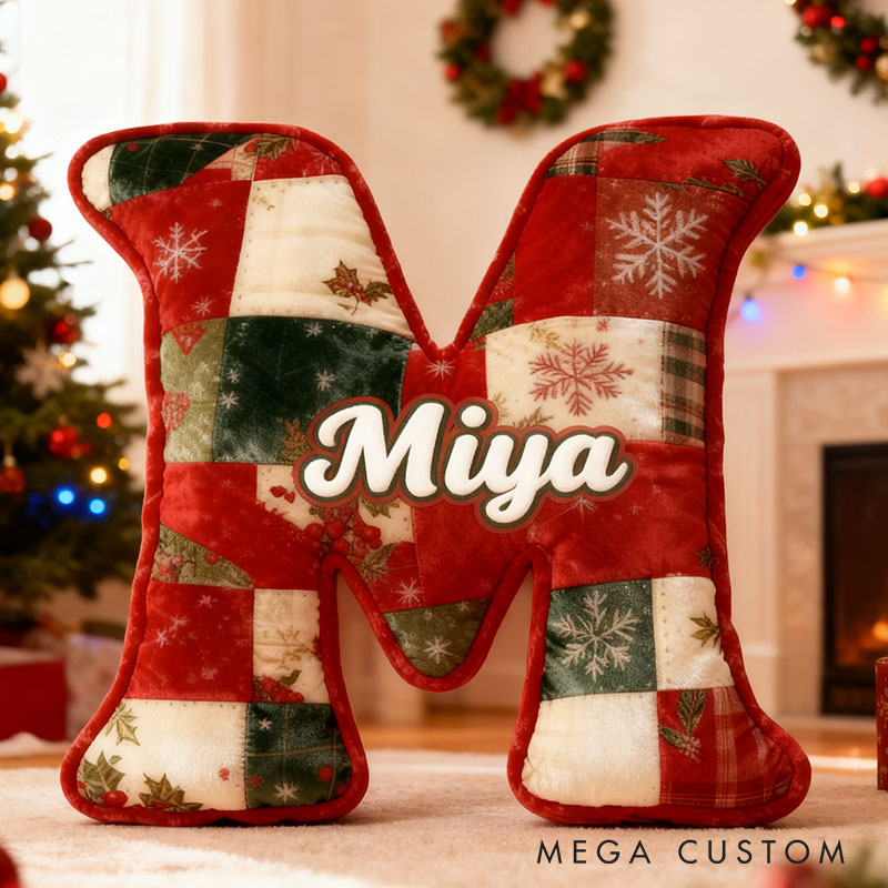 Personalized Girl friend Christmas Patchwork Graphic 3D Printed Pillow Custom Flower Girl Name Christmas Cushion Christmas Gift for Him Her Couple