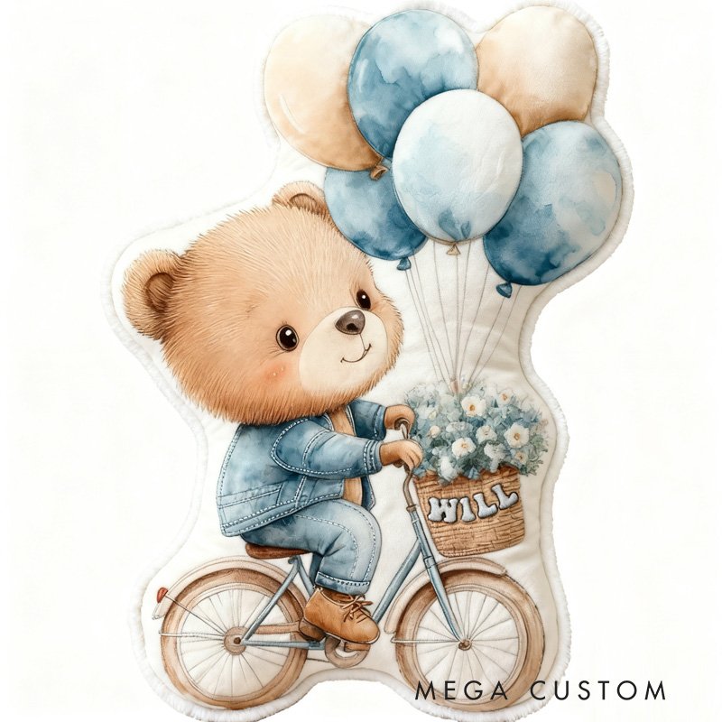 Personalized Teddy Riding Pillow Cozy Lovely Graphic 3D Print Bicycle Throw Pillow Name Pillow Comfortable Balloon Travel Cushion for Kids Girls Riding Lovers