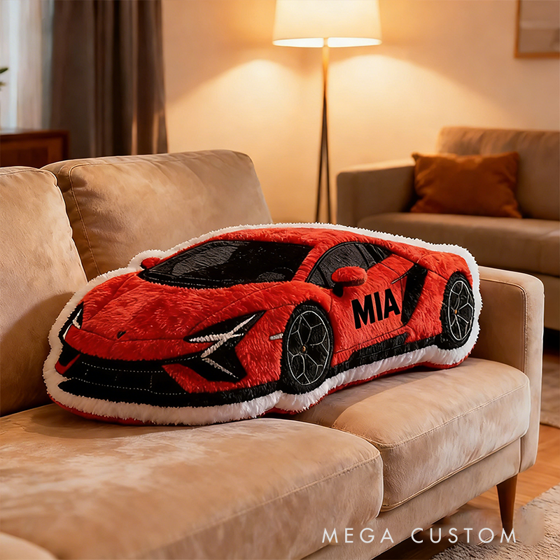 Personalized Race Car Shaped Pillow Custom Name Sports Car Plush Cushion Choose Color 3D Graphic Print Gift for Racing Fans