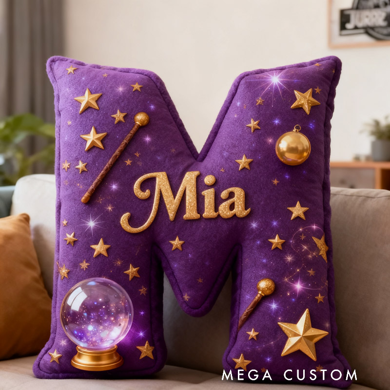 Personalized Magic Letter Pillow Decorated with Magic Ball Magic Wand Stars Graphic 3D Print Pillow for Kids and Magic Lovers