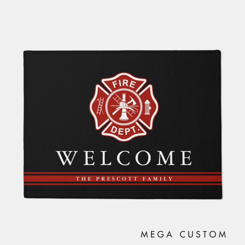 Personalized Firefighter Doormat Custom Family Name Fire Dept Welcome Mat Front Door Rug Gift for Firefighter Families