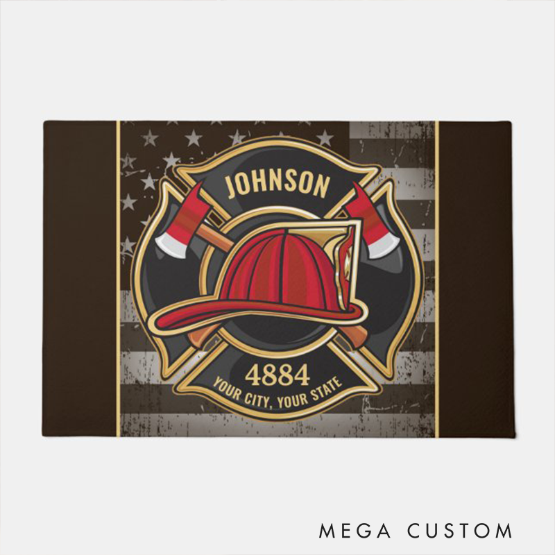 Personalized Firefighter Doormat Custom Name, Number & Text USA Flag Fire Dept Entry Rug Gift for Fireman Families