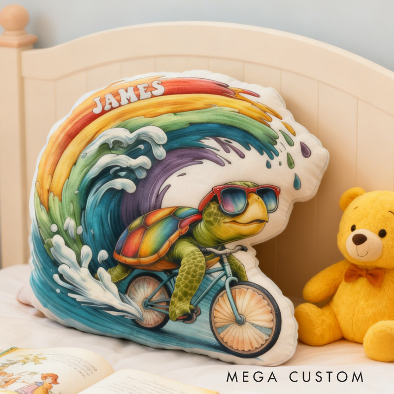 Personalized Sea ​​Turtle Rider Bike Pillow Cozy Graphic 3D Print Cool Racing Biker Rainbow Ocean Pillow Name Pillow Comfortable Travel Cushion for Kids Boys Riding Lovers