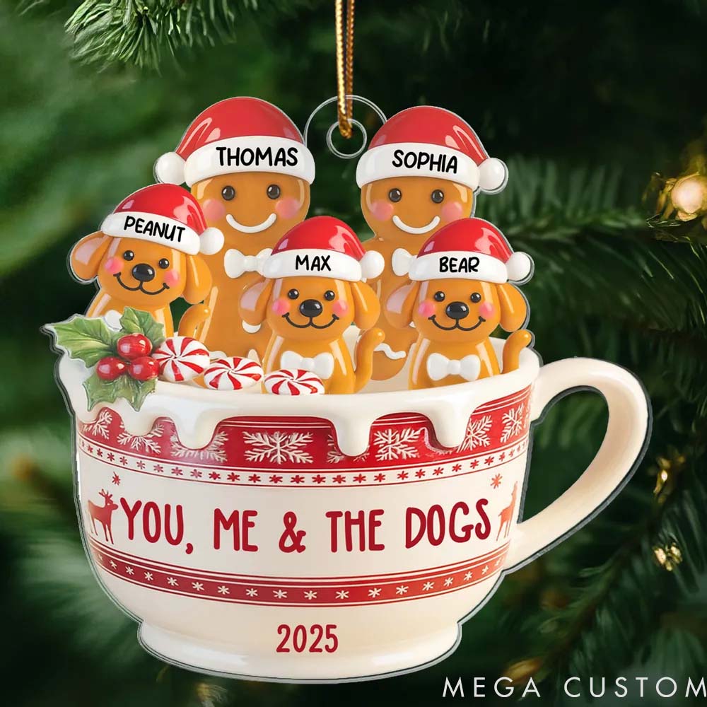 Personalized Pet Lover Gingerbread Couple and Pet in Hot Cocoa Christmas Ornament