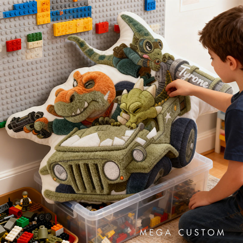 Personalized Jeep Dinosaur Pillow with Custom Name Kids Room Decor Gift for Boys Christmas Gift 3D Print