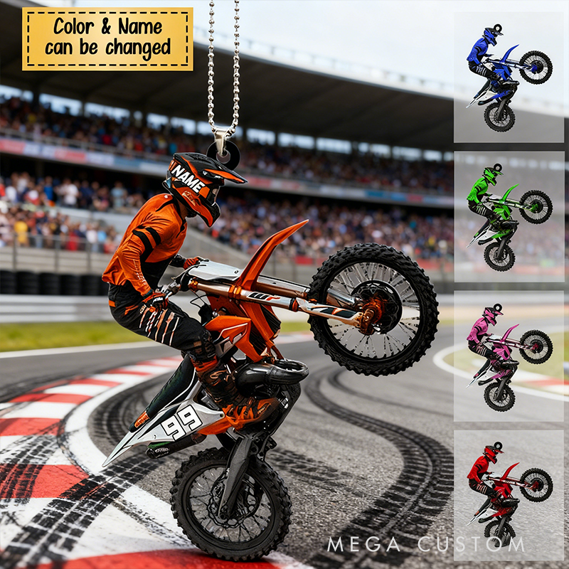 Personalized Motocross Biker Shaped Flat Acrylic Car Ornament Custom Name and Color Gift for Motorcycle Lovers