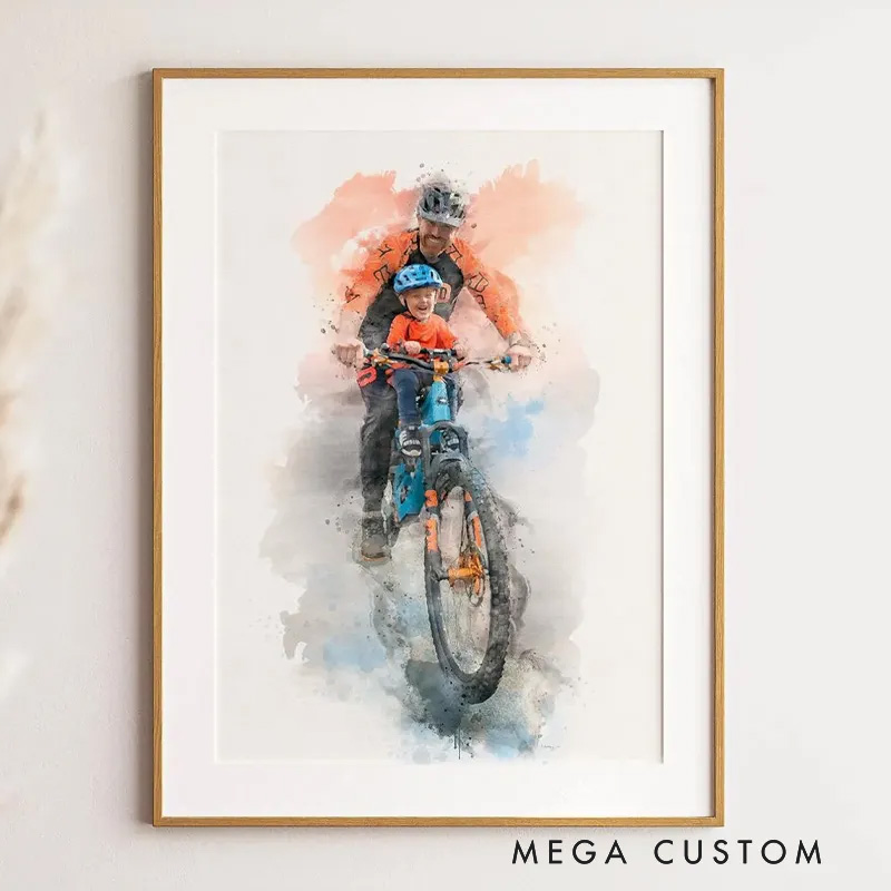 Personalized Mountain Biker Portrait Custom Bicycle Painting from Photo Cycling Poster Gift for Boyfriend Fathers Day Gift Sports Gift
