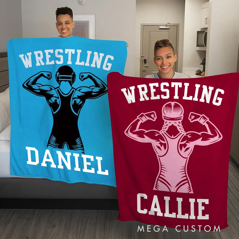 Personalized Multicolor Wrestling Silhouettes Soft Throw Blanket with Name and Text Housewarming Game Anniversary Gift for Wrestling Gym Lover