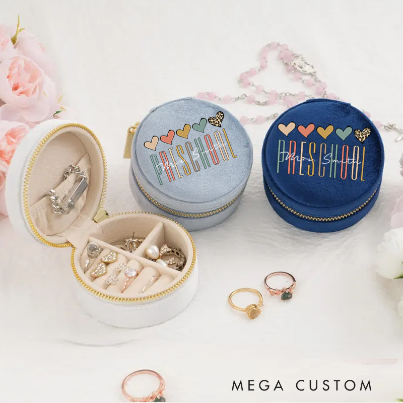 Personalized Velvet Jewelry Box for Teacher Preschool Heart Round Jewelry Box Gift Teacher Appreciation Gift