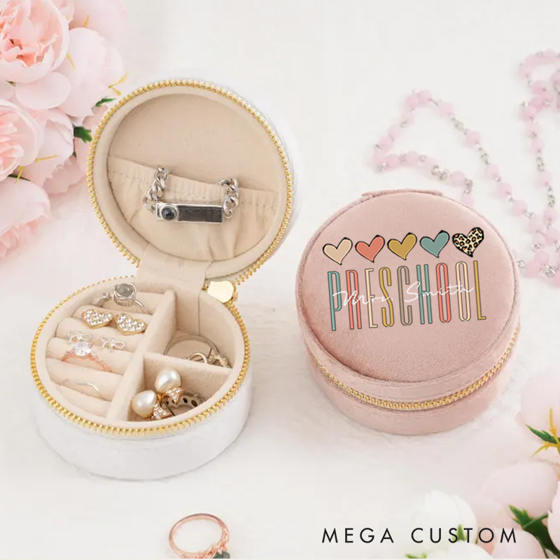 Personalized Velvet Jewelry Box for Teacher Preschool Heart Round Jewelry Box Gift Teacher Appreciation Gift