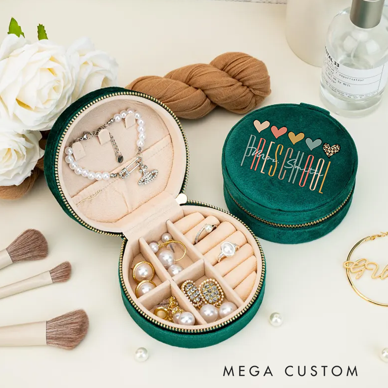 Personalized Velvet Jewelry Box for Teacher Preschool Heart Round Jewelry Box Gift Teacher Appreciation Gift