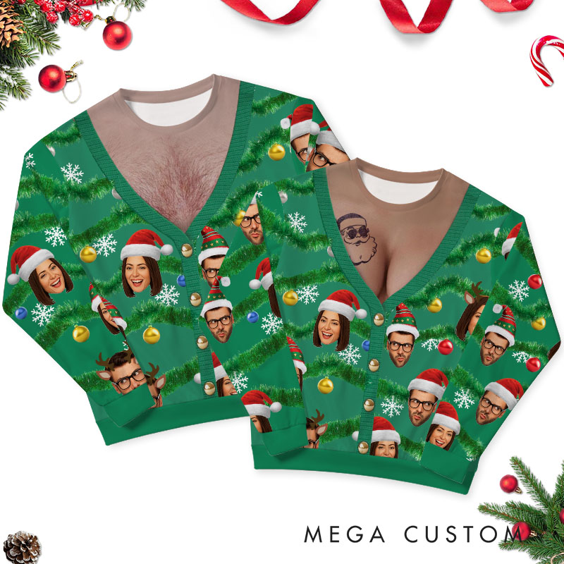 Personalized Couple Face Photo Christmas Ugly Sweater Custom Couple Chest Xmas Matching Crewneck Sweatshirt Christmas Gift for Husband Wife