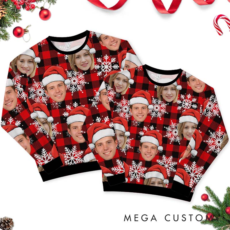 Personalized Funny Couple Red Plaid Christmas Ugly Sweater Custom Couple Face Photo Xmas Matching Crewneck Sweatshirt Christmas Gift for Husband Wife
