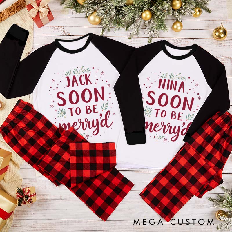 Personalized Couple Festive Soon to Be Merry’d First Christmas Pajamas Custom Newlyweds Holly accents Wedding Christmas Matching Pjs for Husband Wife