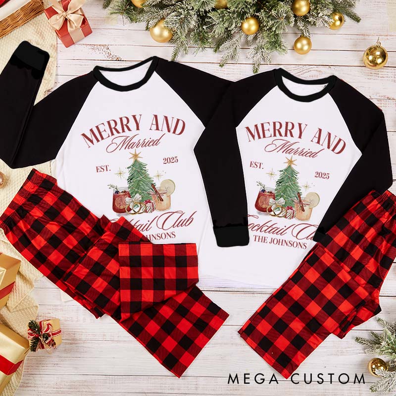 Personalized Couple Festive Merry and Married First Christmas Pajamas Custom Newlyweds Cocktail Club Wedding Christmas Matching Pjs for Husband Wife