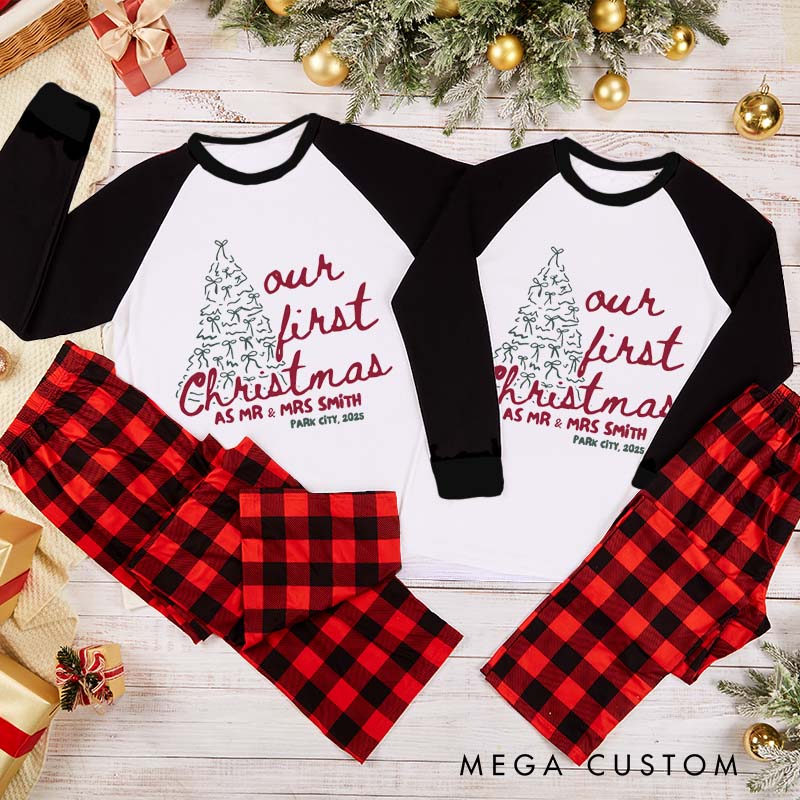 Personalized Couple Our First Christmas as Mr and Mrs Pajamas Custom Newlyweds Bow Christmas Tree Pjs Wedding Christmas Matching Pjs for Husband Wife