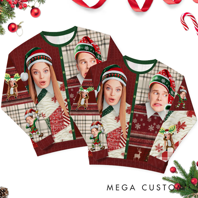 Personalized Hilarious Couple Photo Christmas Ugly Sweater Custom Couple Face Xmas Matching Crewneck Sweatshirt Christmas Gift for Husband Wife