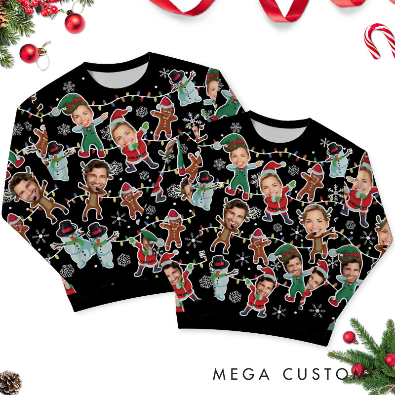 Personalized Funny Dabbing Couple Photo Christmas Ugly Sweater Custom Couple Face Xmas Matching Crewneck Sweatshirt Christmas Gift for Husband Wife