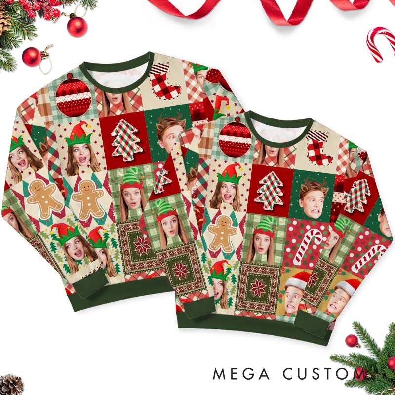 Personalized Funny Couple Photo Patchwork Christmas Ugly Sweater Custom Couple Face Xmas Matching Crewneck Sweatshirt Christmas Gift for Husband Wife