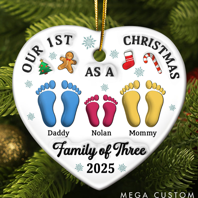 Personalized Ceramics Heart Shape First Christmas as a Family of Three Footprints 3D Effect  Christmas Ornament 